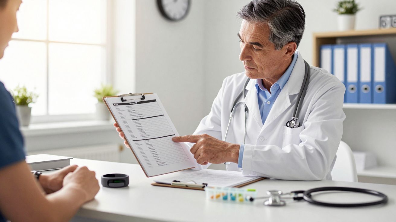 Ein Arzt sitzt mit einer Patientin am Tisch und zeigt auf ein Dokument auf einem Klemmbrett in einem hellen Raum.