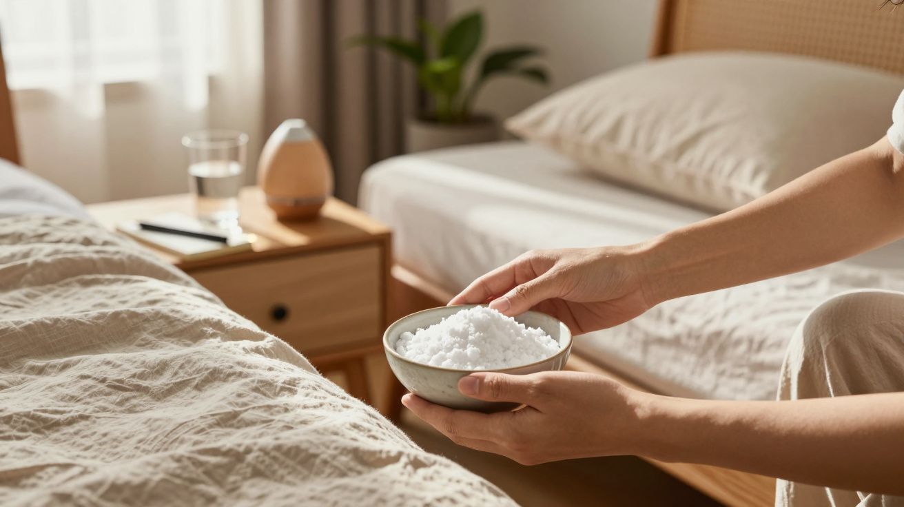 Person hält Schale mit Salz neben Bett; im Hintergrund Glas Wasser und Pflanze auf Nachttisch.