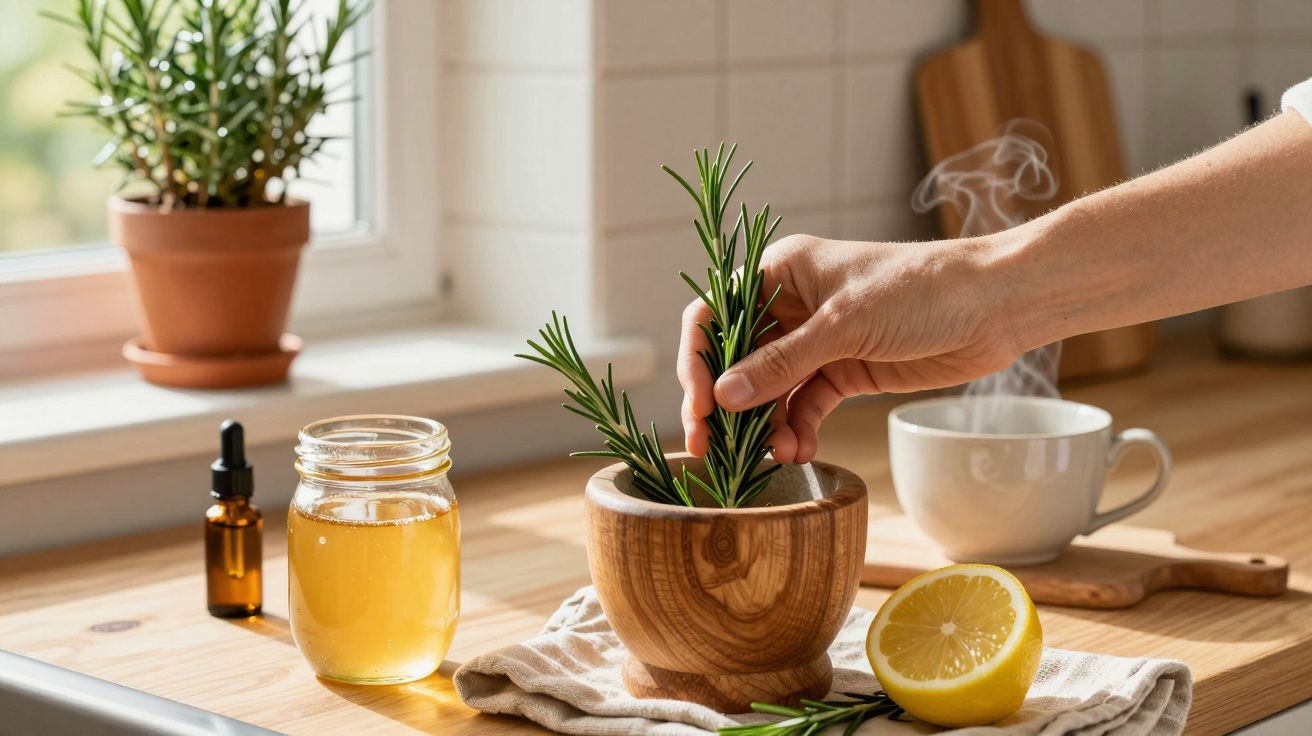 Hand legt Rosmarin in einen Holzmörser auf einem Küchentisch mit Honigglas, Zitrone und Tasse.