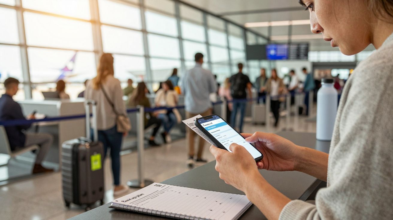 Frau am Flughafen prüft Boardkarte auf ihrem Smartphone. Menschen warten im Hintergrund an der Sicherheitskontrolle.