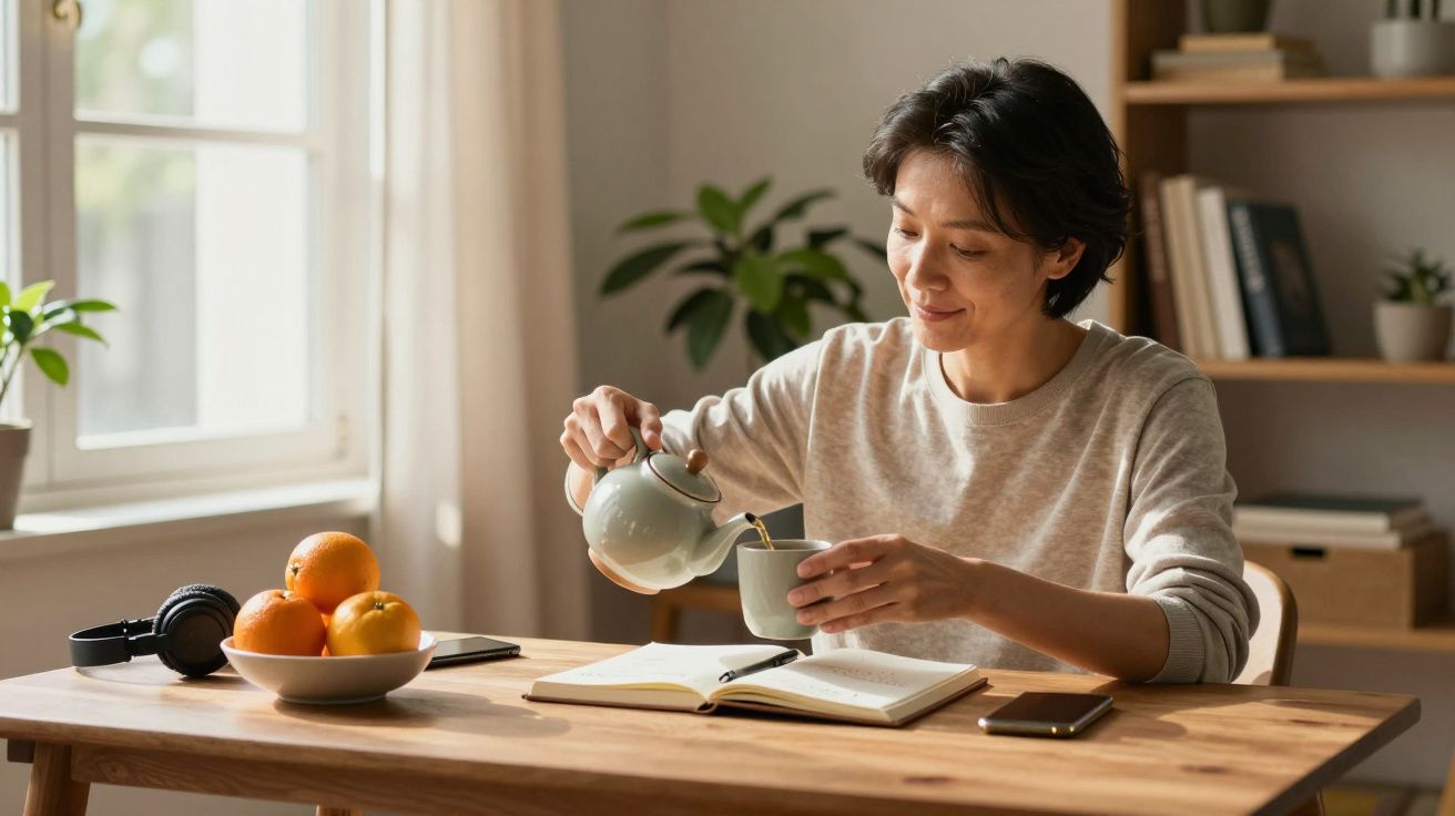 Person gießt Tee in Tasse, sitzt am Tisch mit Notizbuch, Smartphone und Früchte-Schale, lichtdurchfluteter Raum.