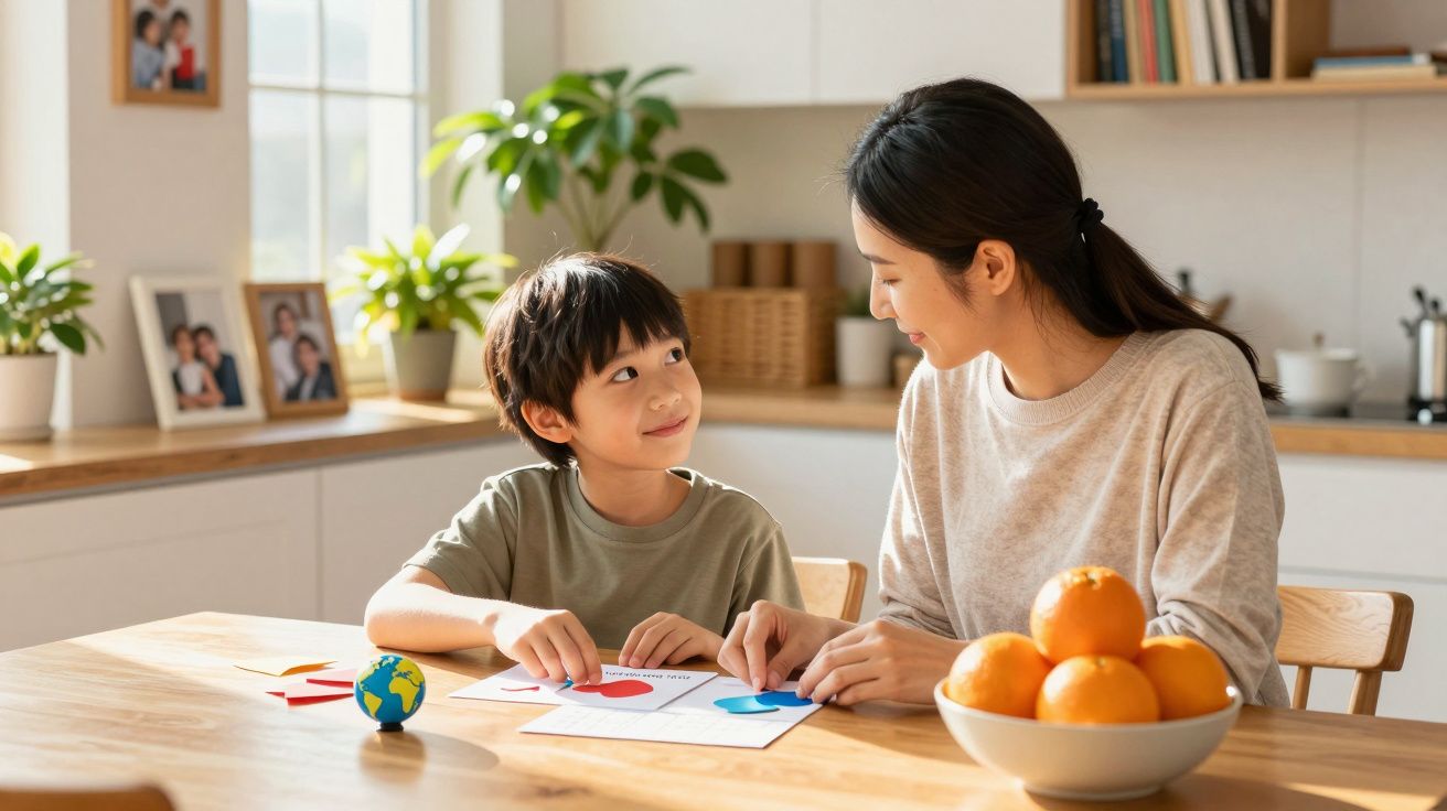 Kind und Frau sitzen am Tisch, basteln und lächeln sich an, mit Orangen auf dem Tisch und Büchern im Hintergrund.