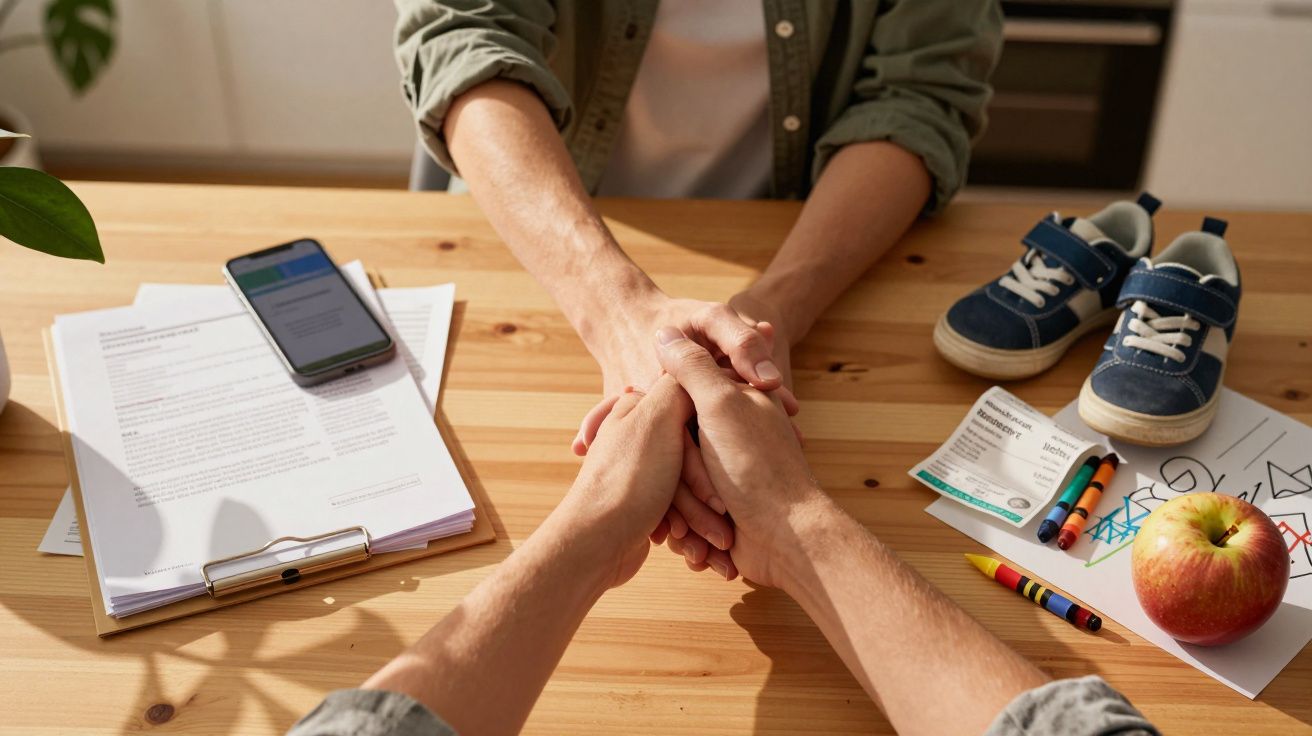 Zwei Personen halten sich an den Händen über einem Tisch mit Papierkram, einem Handy, Kinderschuhen, Stiften und einem Apfel.