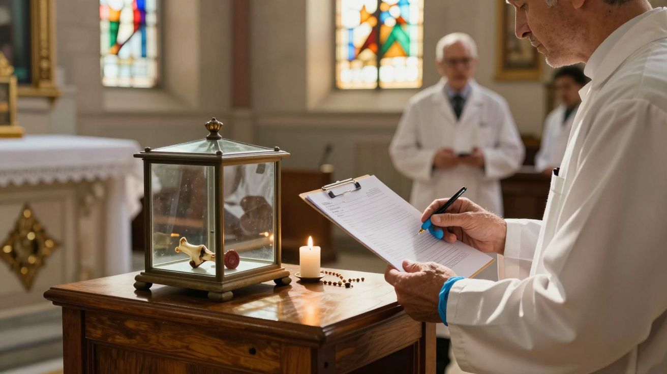 Ein Mann in weißem Kittel schreibt auf einem Klemmbrett neben einer Glasvitrine in einer Kirche.