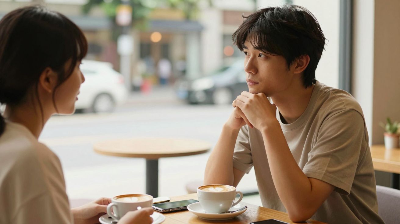Zwei Personen sitzen in einem Café und trinken Kaffee, während sie sich unterhalten und durch das Fenster hinausschauen.