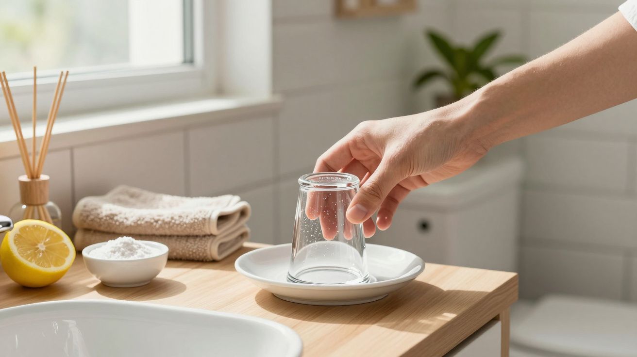 Hand stellt ein Glas auf einem weißen Unterteller im Badezimmer ab, neben Zitrone und gefalteten Handtüchern.