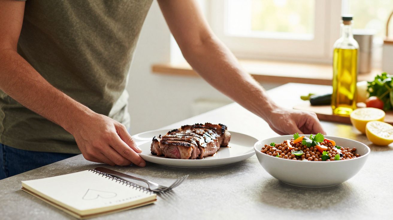 Person richtet Steak und Salat auf grauem Tisch an, im Hintergrund Fenster und Olivenölflasche.