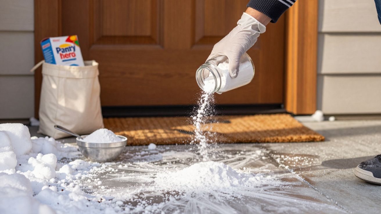 Hand mit Handschuh streut ein weißes Pulver aus Glas auf vereisten Gehweg, Tasche mit Produkt im Hintergrund.