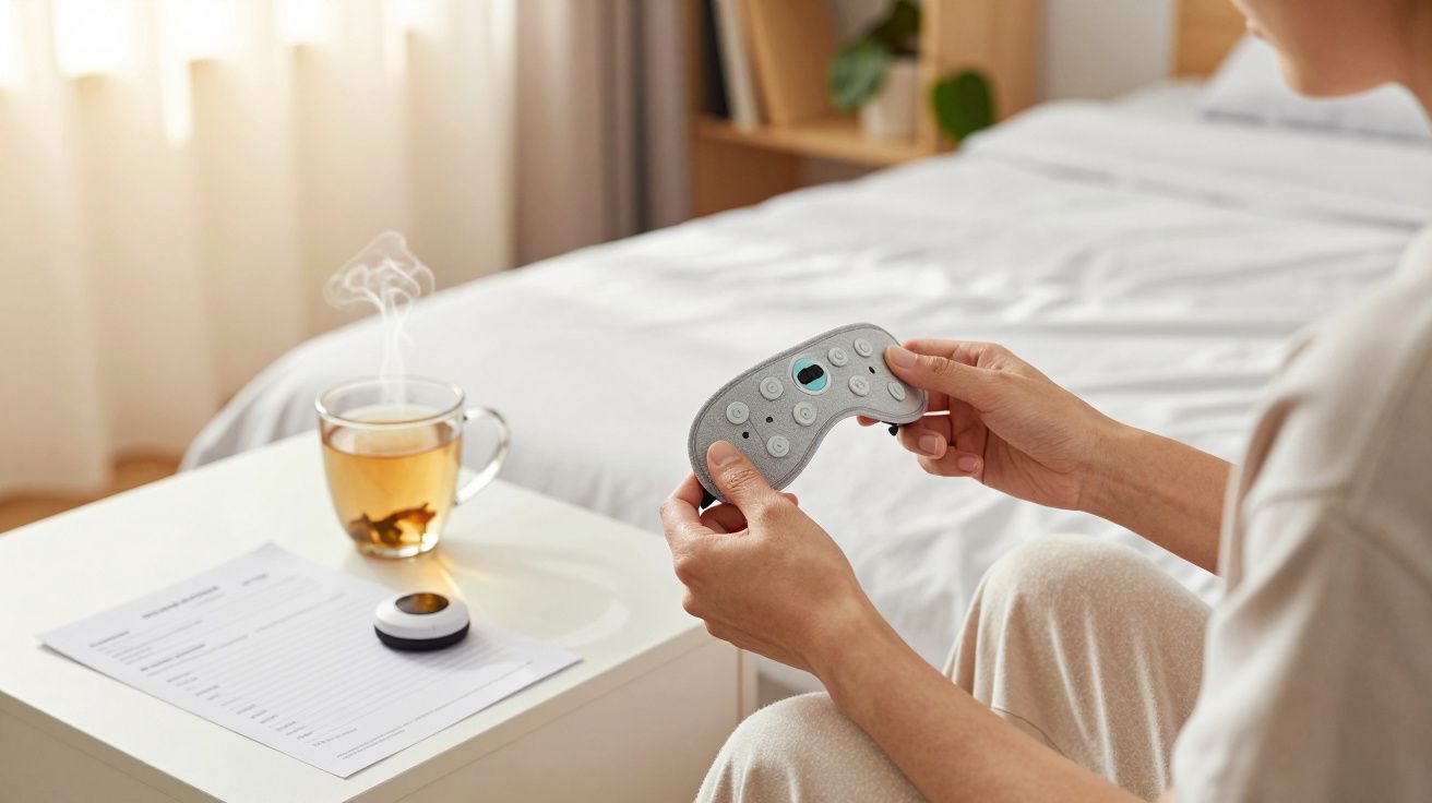 Person hält Fernbedienung, vor sich ein Beistelltisch mit einer dampfenden Tasse Tee, einem Dokument und einem Gerät.