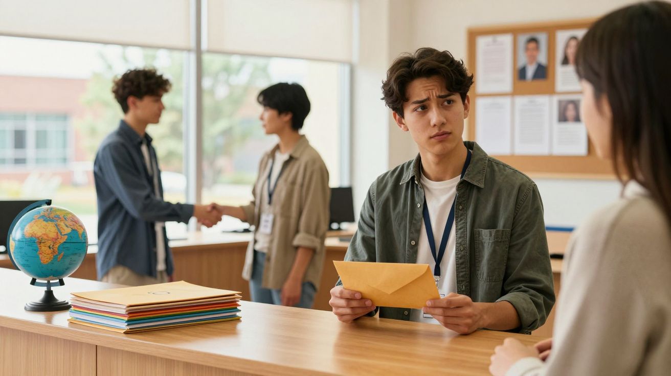 Junger Mann mit Umschlag am Schalter, zwei Personen im Hintergrund reichen sich die Hand, auf dem Tisch ein Globus und Akten.