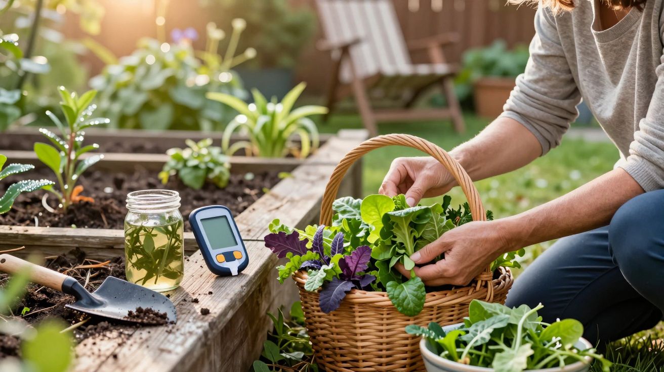Person erntet frische Salate in einem Hochbeet; daneben Gartenwerkzeug und Glas mit Pflanzen.
