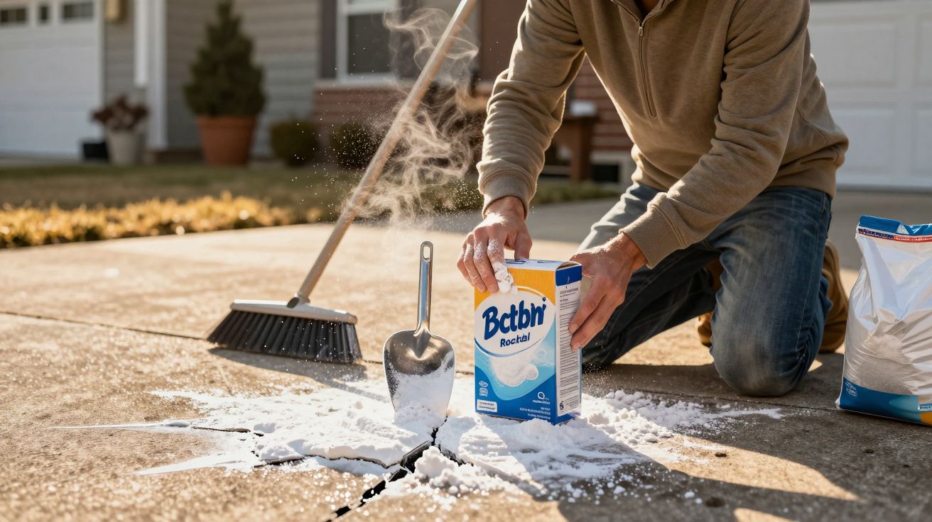 Mann kniet am Gehsteig, streut Tausalz aus Karton auf Riss im Boden. Besen und Schaufel daneben platziert.