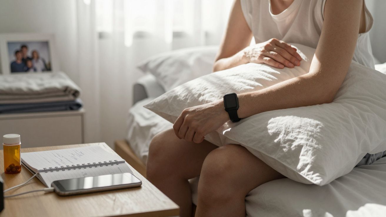 Person sitzt auf Bettkante, hält Polster, Tabletten und Notizbuch auf Tisch, Tageslicht durch Fenster.