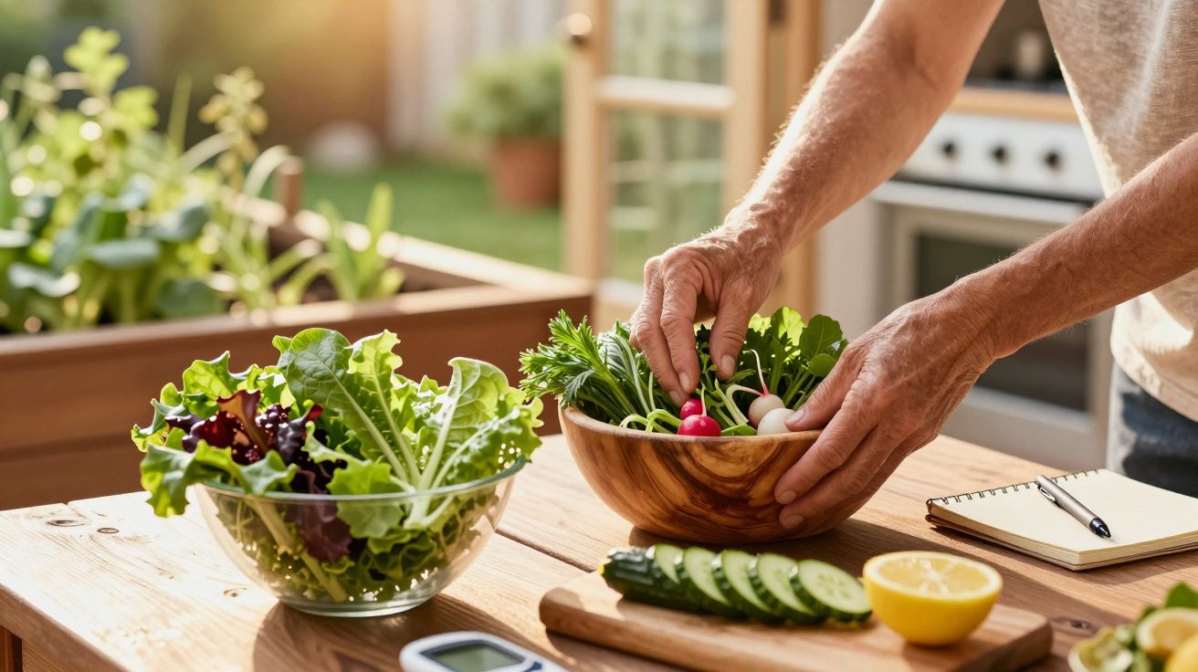 Person bereitet Salat mit frischem Gemüse auf Holztisch im Garten zu, daneben Notizbuch und Zitrone.