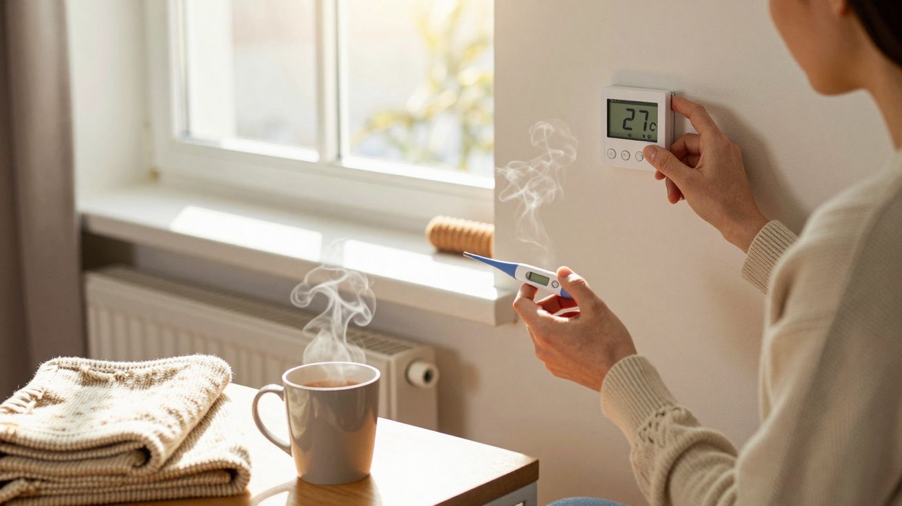 Person stellt Raumthermostat ein, hält Thermometer; Tisch mit dampfender Tasse und Wollkleidung im Vordergrund.