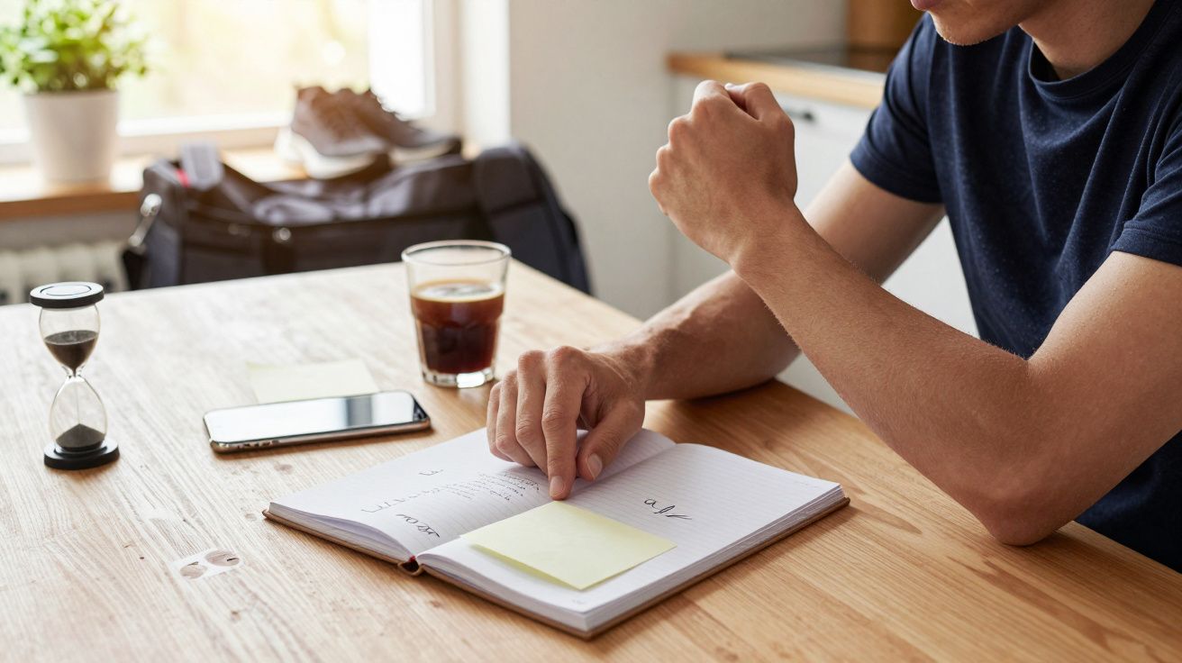 Junger Mann am Tisch, arbeitet mit Notizbuch, Handy, Stundenglas und Kaffee. Fenster im Hintergrund.