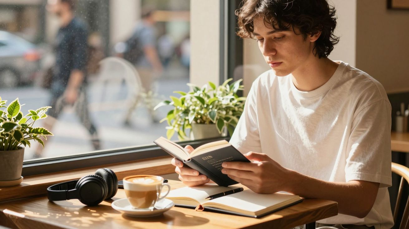 Junger Mann im Café liest ein Buch, neben ihm ein Cappuccino und Kopfhörer auf dem Tisch, Pflanzen am Fenster.