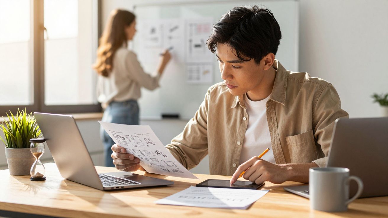 Mann am Schreibtisch mit Laptop und Diagrammen, analysiert Unterlagen; Frau im Hintergrund schreibt an Tafel.