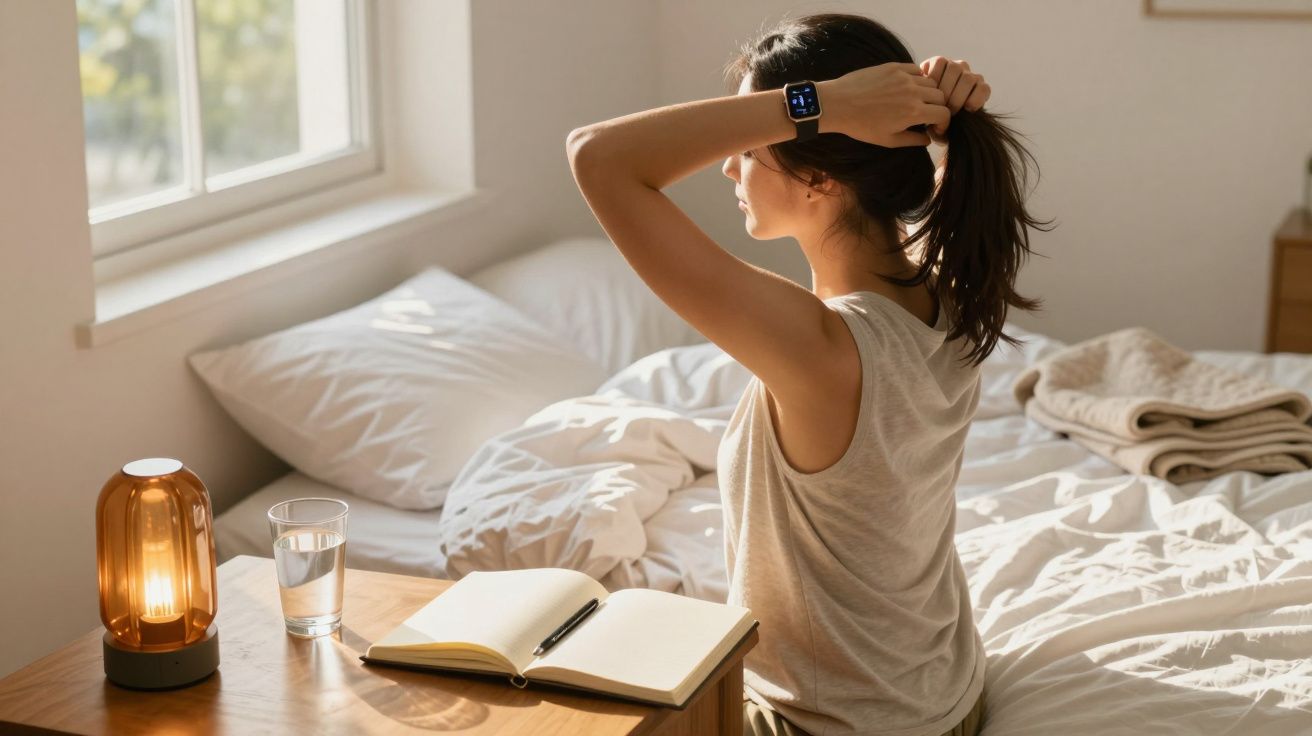 Frau sitzt auf Bett, bindet ihre Haare zusammen, daneben Nachttisch mit Lampe, Glas Wasser und offenem Notizbuch.