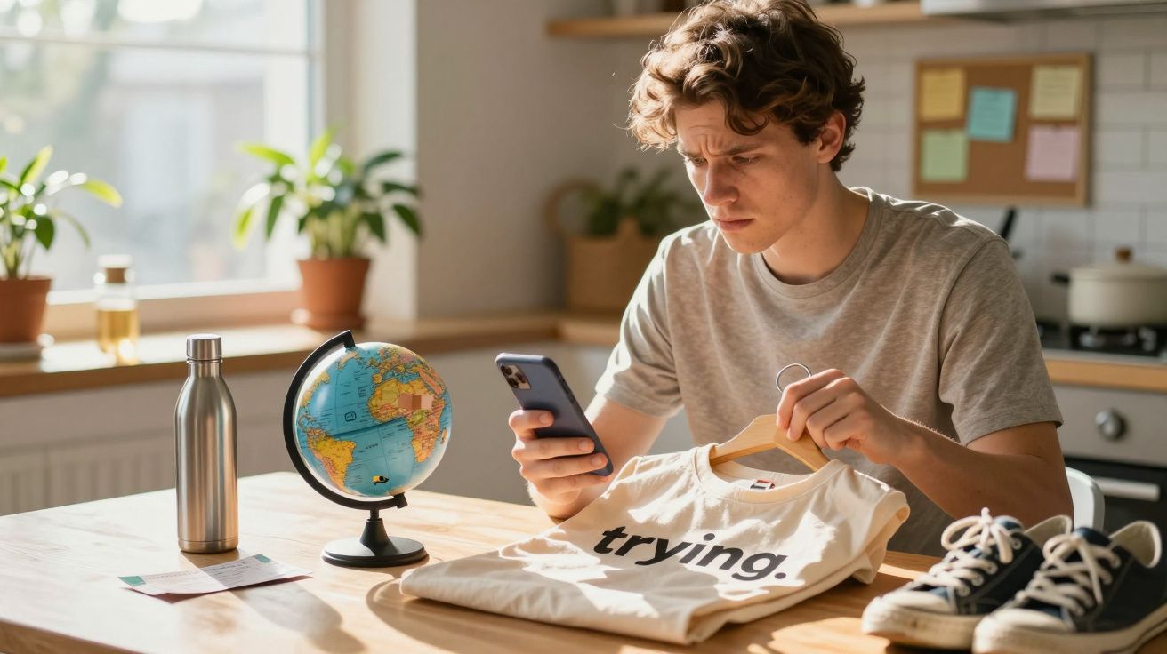 Mann am Tisch mit Handy, hält T-Shirt mit "trying." Aufdruck, daneben Globus, Wasserflasche und Schuhe.