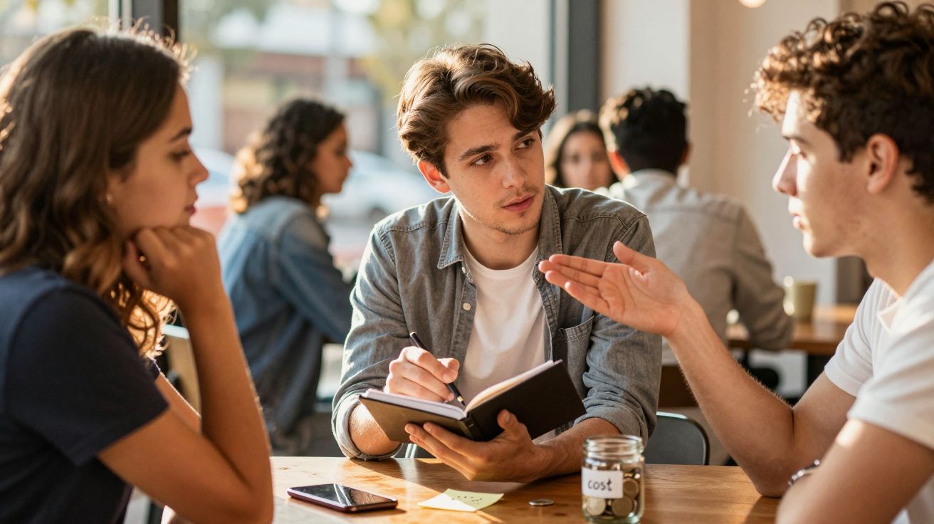Drei junge Erwachsene diskutieren in einem Café, einer hält ein Notizbuch, während die anderen beiden zuhören.