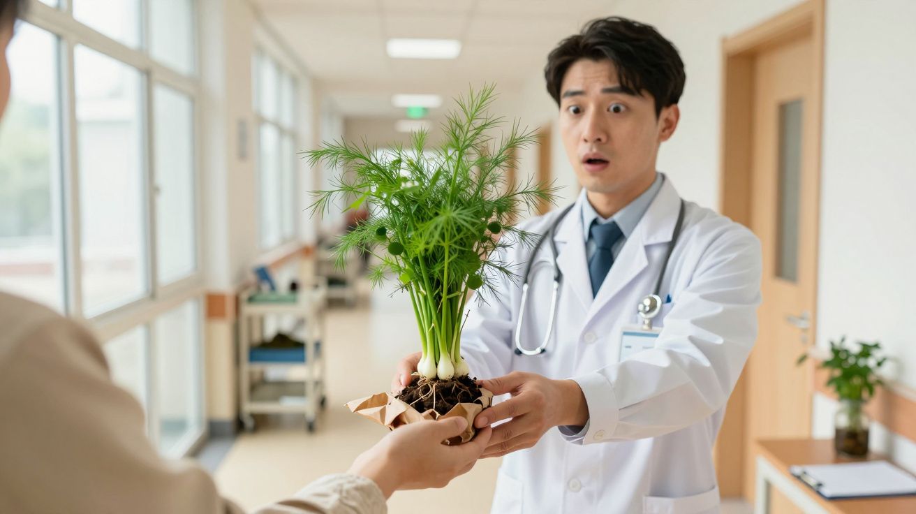 Arzt im weißen Kittel nimmt überrascht eine Pflanze auf einem Krankenhausflur entgegen.